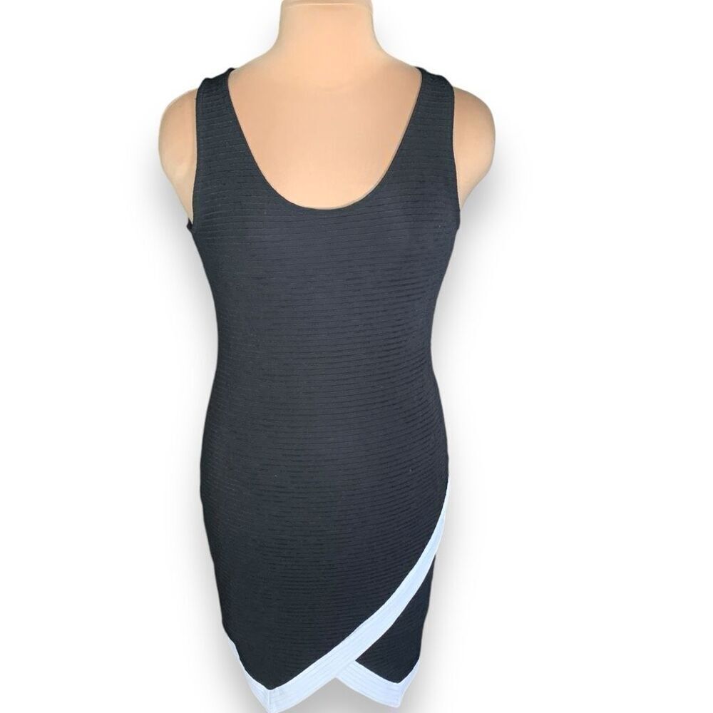 Charlotte Russe Black Bodycon Dress Asymmetrical White Trim Ribbed Sleeveless
